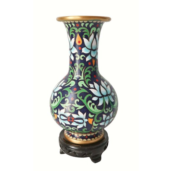 Vintage Cloisonne Lotus Vase with Wood Stand Hand Painted Floral Enamel - Picture 7 of 7